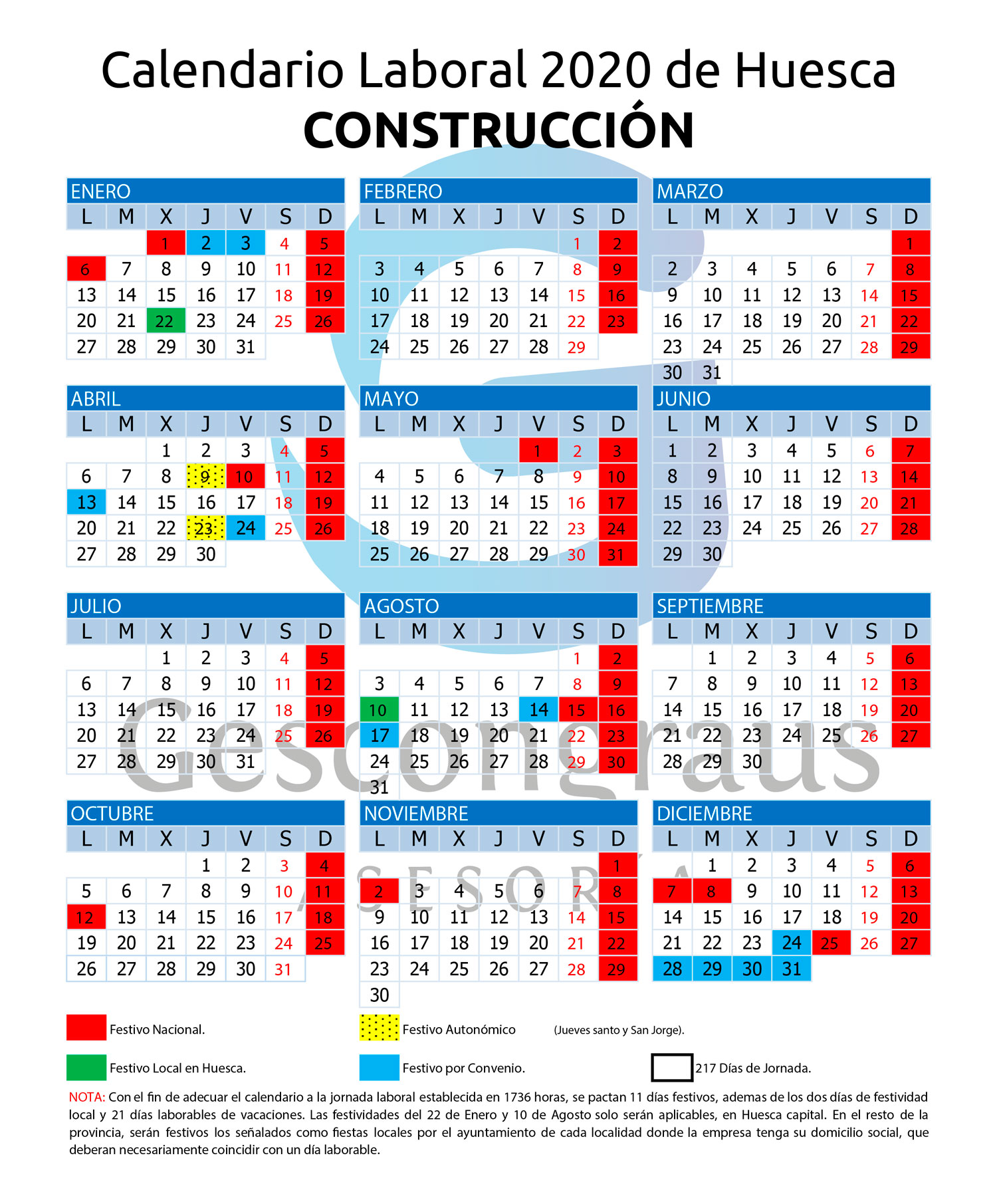 Calendario laboral construccion 2020 de Huesca asesoria Gescongraus de Graus