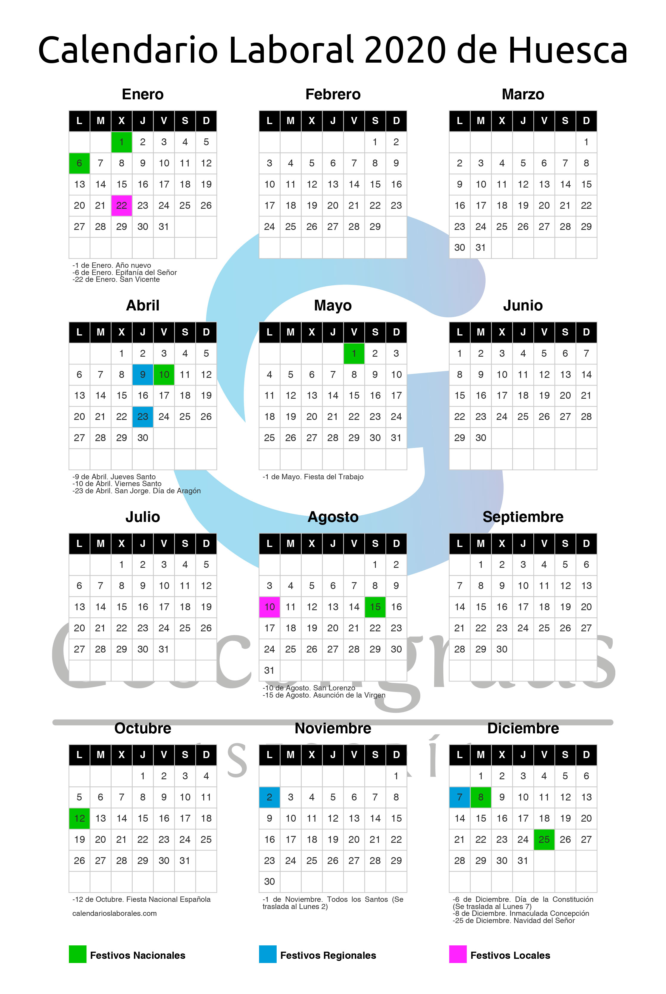 Calendario laboral 2020 de Huesca asesoria Gescongraus de Graus